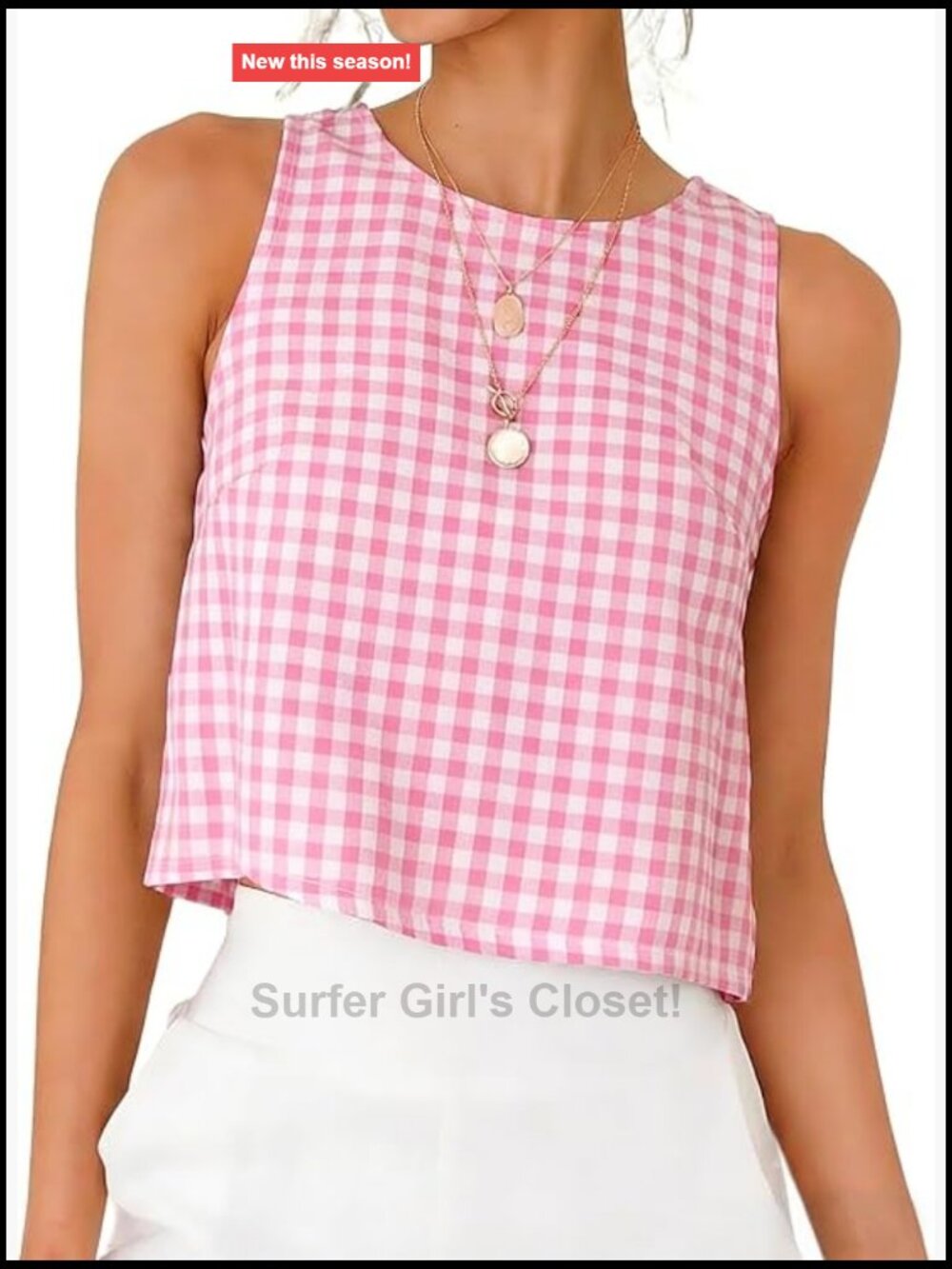 Gingham Cotton Blend Crop Tank High Neck Sleeveless Summer